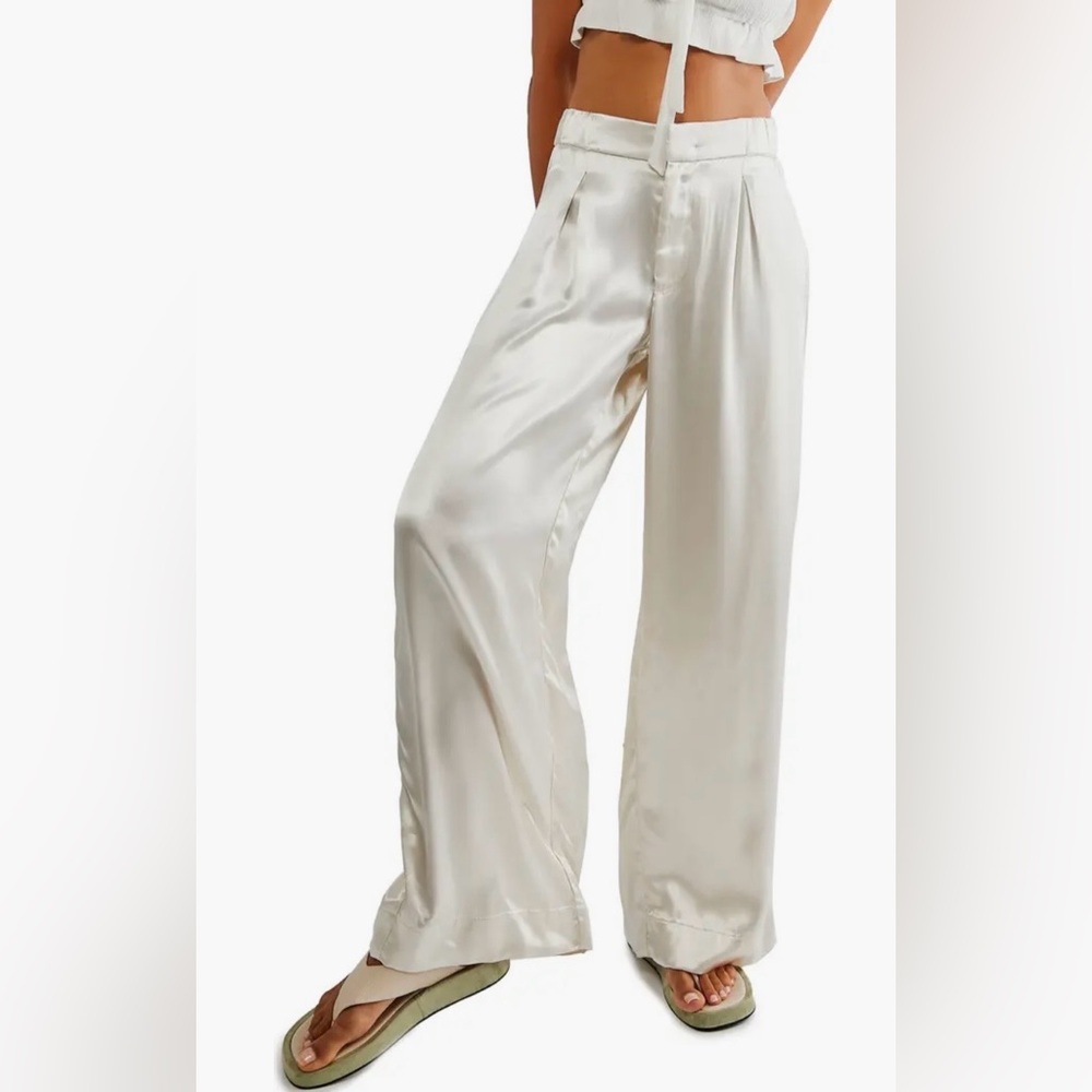 Free People Satin Wide Leg Pants in Ivory